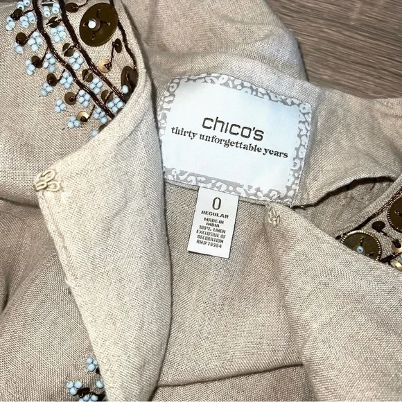 Chico's NWOT Duster Embellished Coin 3/4 Sleeve Tan Blazer Top Size 0 Small - Picture 6 of 10